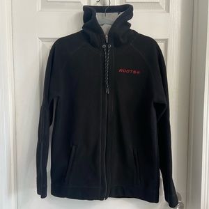 Roots Full Zip Up Fleece Jacket Size XS Black Hooded Lined Warm Heavy